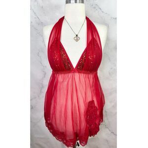 Vtg Fredericks Of Hollywood Red Babydoll Nightie Dress sz M Lingerie Mesh Gothic